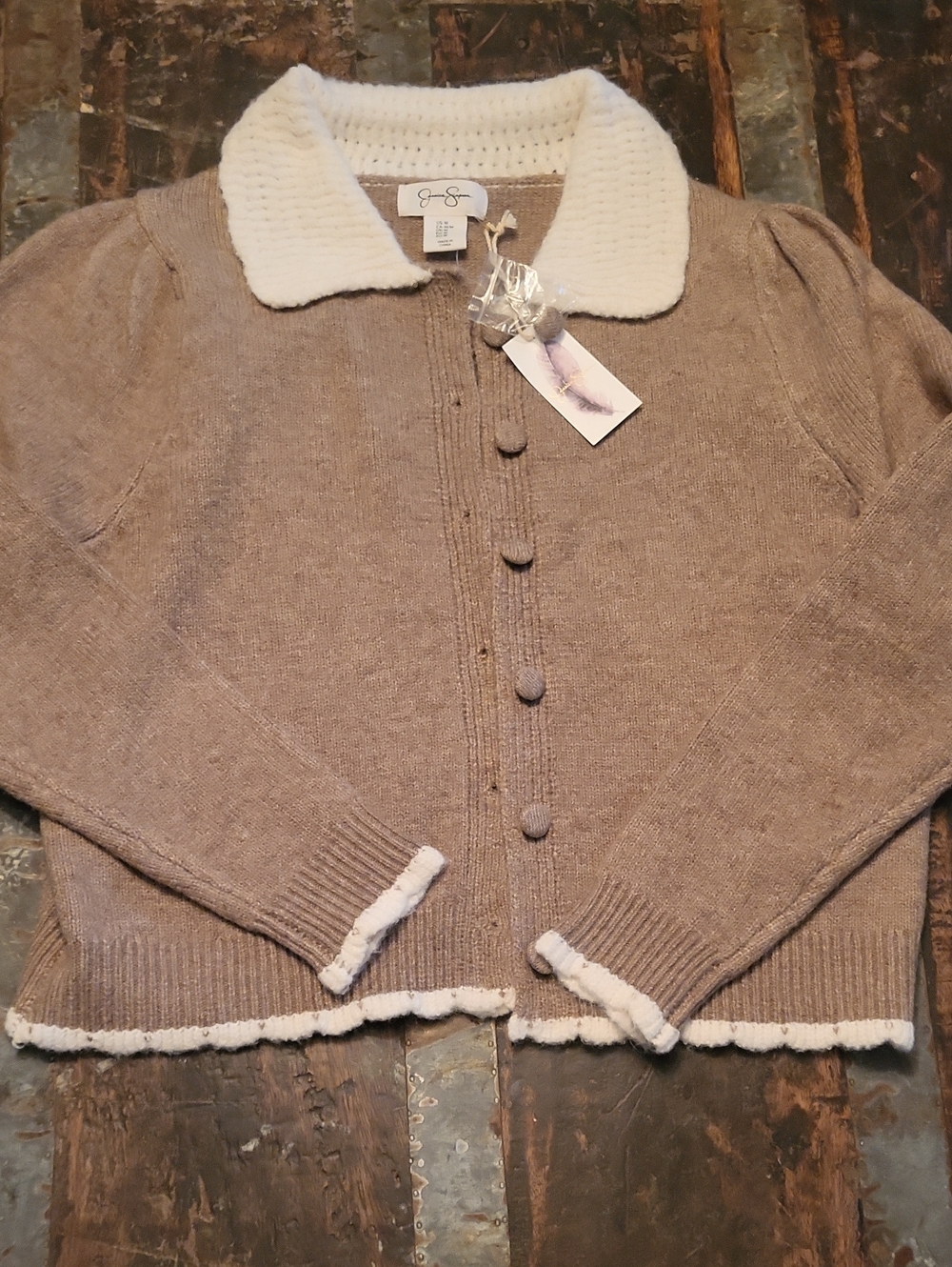Jessica Simpson Taupe Cardigan with Cream Collar